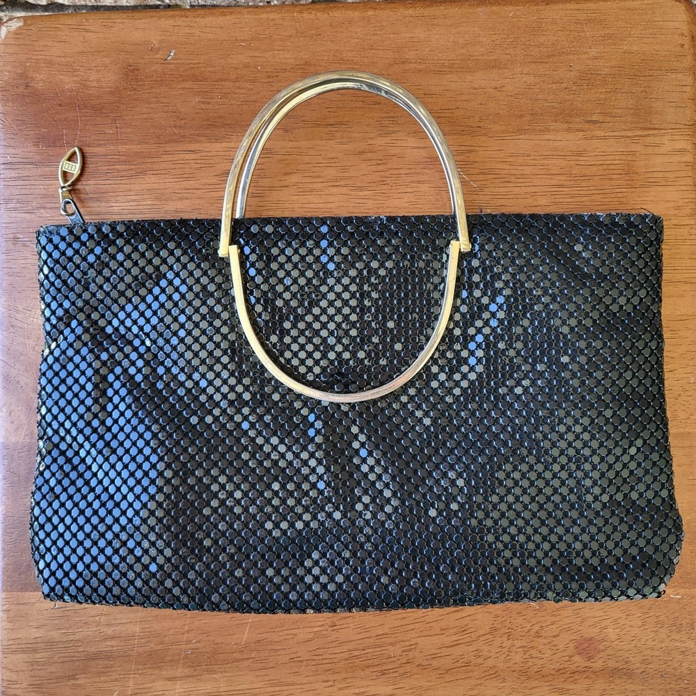 Vintage Black Metal Mesh Clutch Bag Gold Ring Handle Glomesh Style Evening Purse